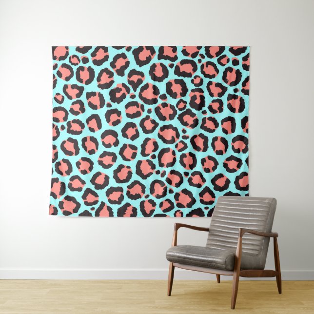 Artsy Trendy Coral Mint Teal Leopard Animal Print Tapestry (In Situ (Horizontal))