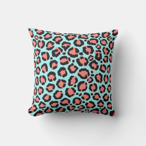 Artsy Trendy Coral Mint Teal Leopard Animal Print Throw Pillow