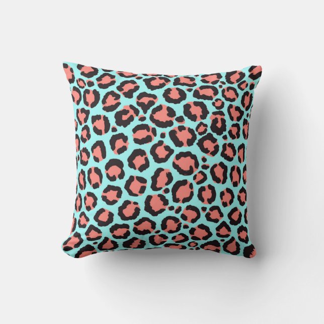 Artsy Trendy Coral Mint Teal Leopard Animal Print Throw Pillow (Front)