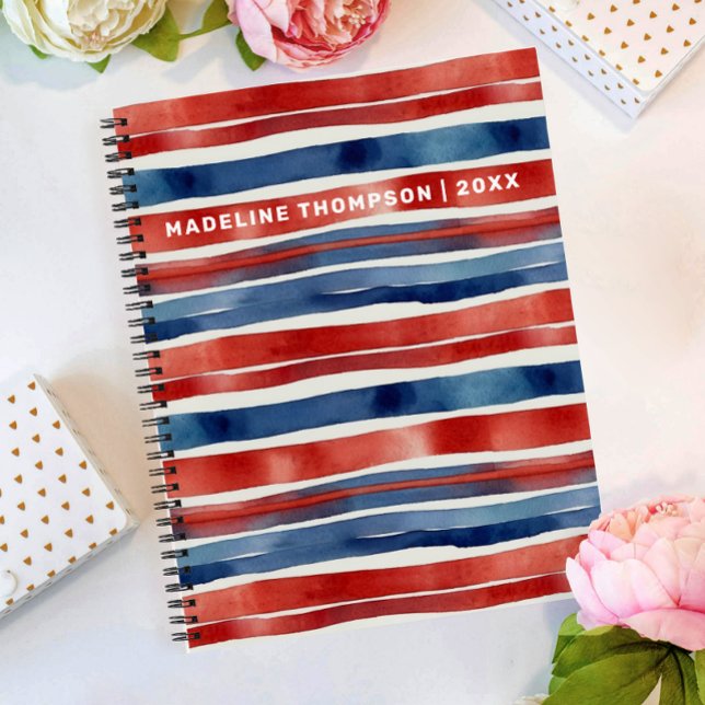 Artsy Trendy Red Blue White Watercolor Striped  Notebook (Creator Uploaded)
