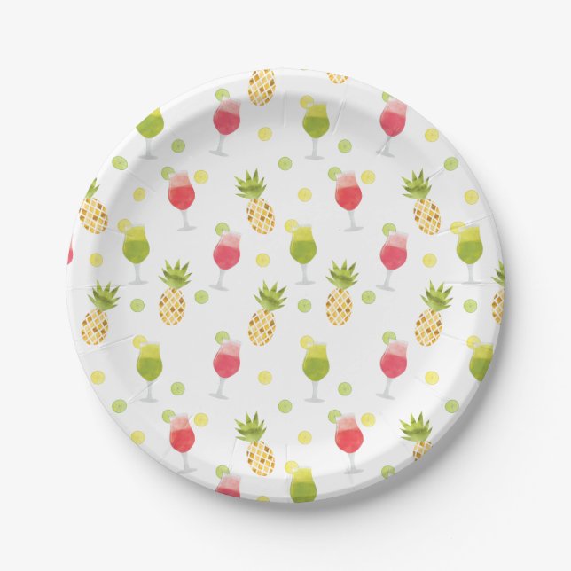 Artsy Tropical Cocktail & Fruit Pattern Paper Plates (Front)