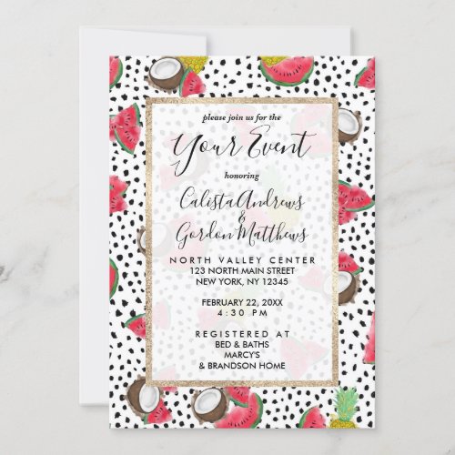 Artsy Tropical Fruit Polka Dots Watercolor Pattern Invitation