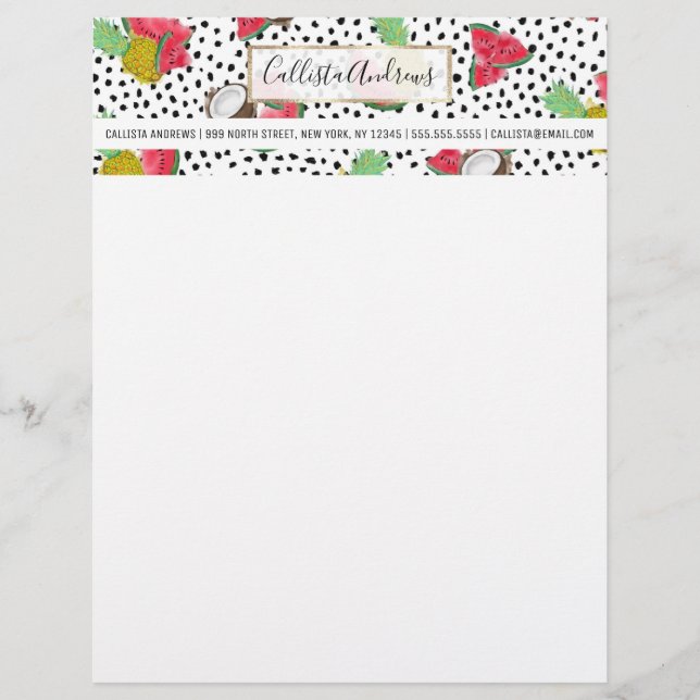Artsy Tropical Fruit Polka Dots Watercolor Pattern Letterhead (Front)