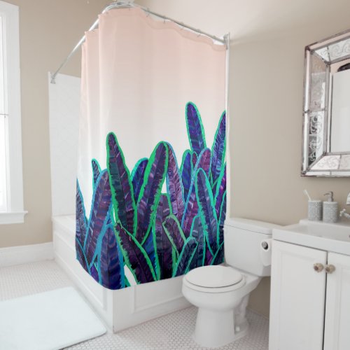 Artsy Tropical Pink Teal Purple Banana Leaves Shower Curtain