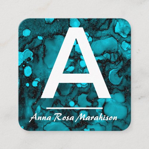  Artsy Turquoise Trendy INITIAL QR LOGO PHOTO  Square Business Card