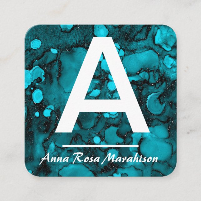*~* Artsy Turquoise Trendy INITIAL QR LOGO PHOTO  Square Business Card (Front)