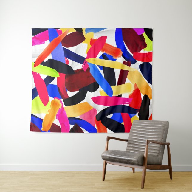 Artsy Vibrant Colorful Brushstroke Explosion Art Tapestry (In Situ (Horizontal))