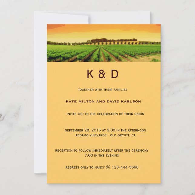 Artsy Vineyard Sunset Winery Wedding Invite (Front)