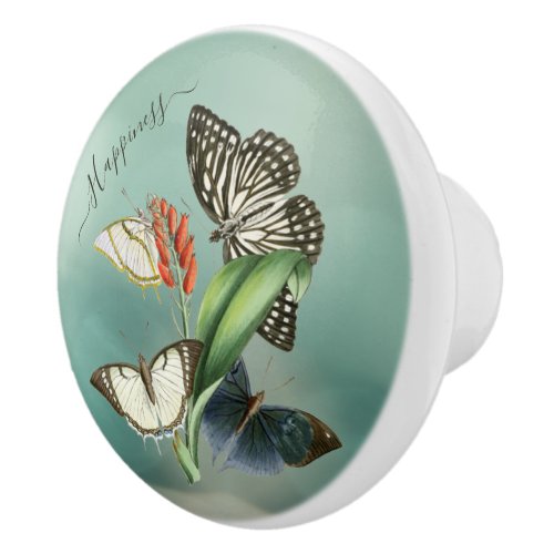 Artsy vintage flower and butterflies green custom ceramic knob