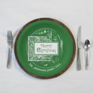 Artsy Vintage Retro Merry Christmas Custom Paper Plates