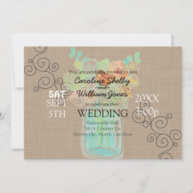 Artsy Watercolor Mason Jar Wedding Invitation (Front)