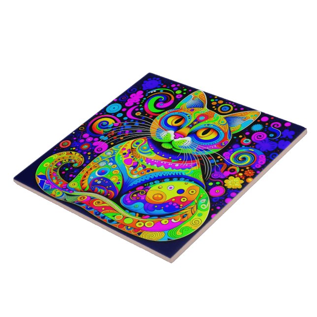Artsy Whimsical Vibrant Colorful Cat Ceramic Tile (Side)
