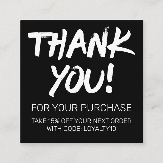 Artsy White Black Customer Discount Thank You Square Business Card (Front)