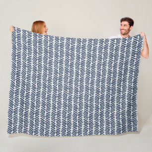 Artsy White Dark Gray Slate Blue Abstract Chevron Fleece Blanket