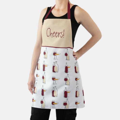 Artsy Wine Bottle and Glass Pattern Cheers Apron