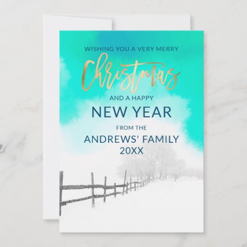 Artsy Winter Gold Teal White Landscape Christmas Holiday Card
