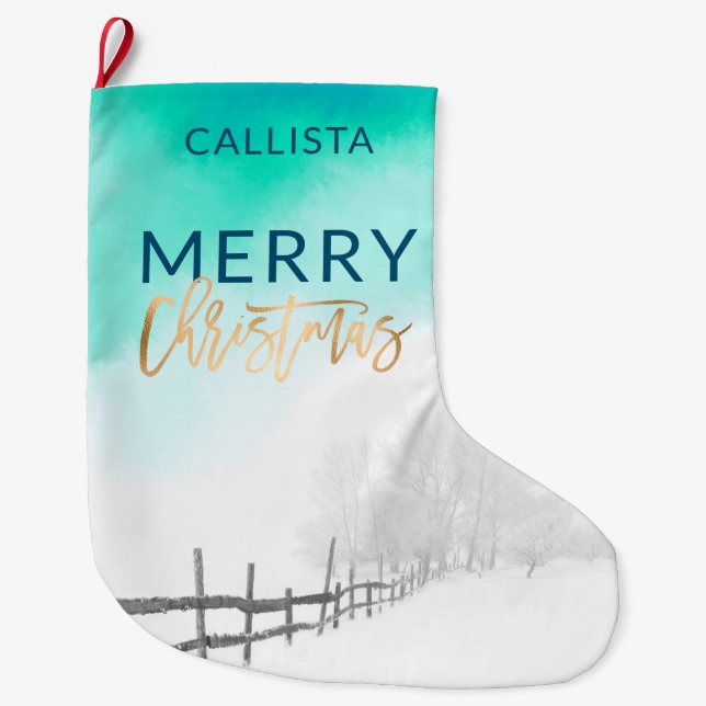 Artsy Winter Gold Teal White Landscape Christmas Large Christmas Stocking (Front)