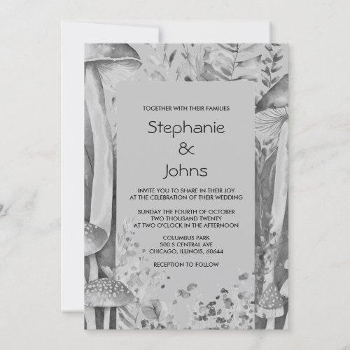 Artsy Woodland Mushrooms Grey Black White Wedding Invitation