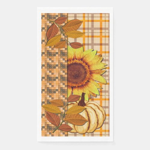 Artsy Yellow Pumpkin and Sunflower on Plaid Paper Guest Towels