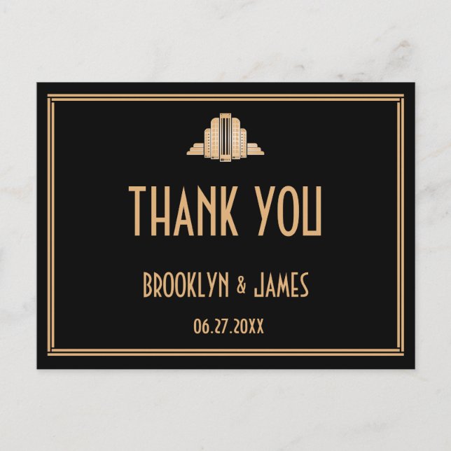 Artv Deco Black Great Gatsby Wedding Thank You Postcard (Front)