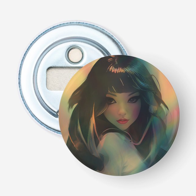 Artwork of Anime Girl Surrounded by Rainbow Light Bottle Opener (Front)