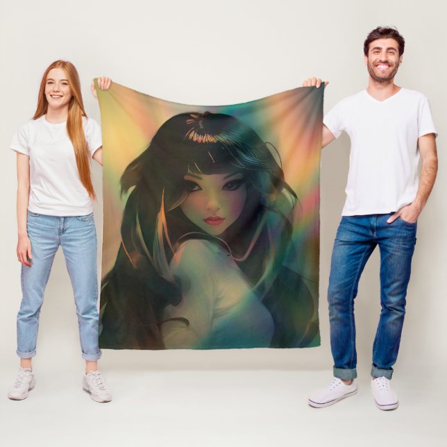 Artwork of Anime Girl Surrounded by Rainbow Light Fleece Blanket (In Situ)