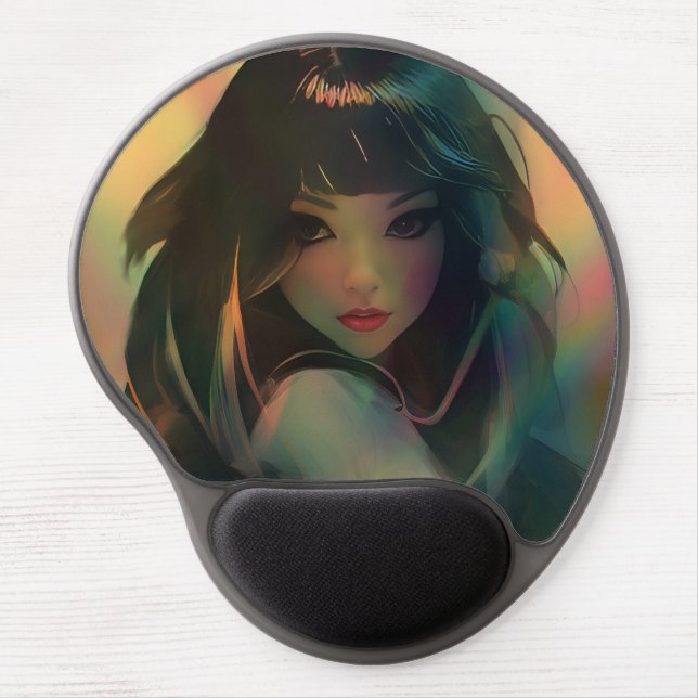 Artwork of Anime Girl Surrounded by Rainbow Light Gel Mouse Pad (Front)