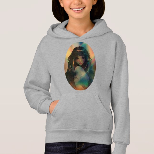Artwork of Anime Girl Surrounded by Rainbow Light Hoodie (Front)