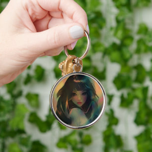 Artwork of Anime Girl Surrounded by Rainbow Light Keychain