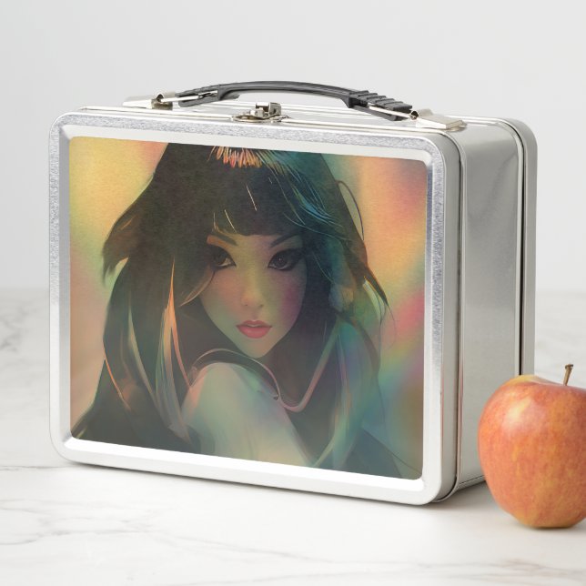 Artwork of Anime Girl Surrounded by Rainbow Light Metal Lunch Box (In Situ)