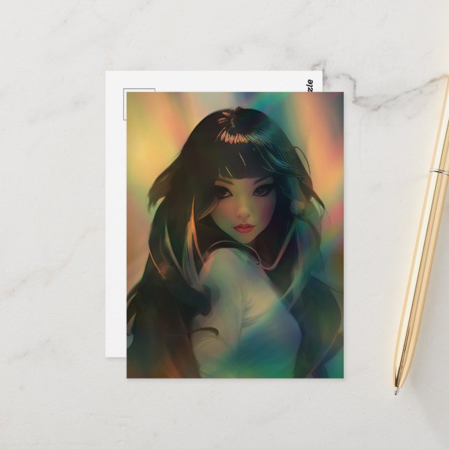 Artwork of Anime Girl Surrounded by Rainbow Light Postcard (Front/Back In Situ)