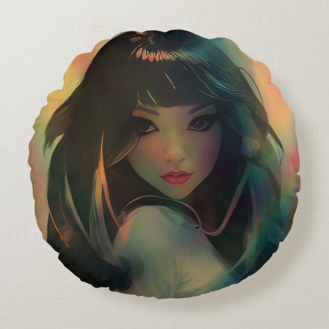 Artwork of Anime Girl Surrounded by Rainbow Light Round Pillow (Front)