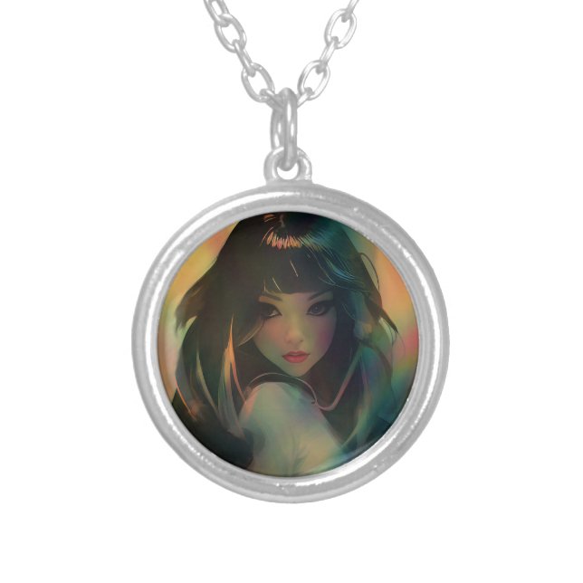 Artwork of Anime Girl Surrounded by Rainbow Light Silver Plated Necklace (Front)