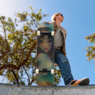 Artwork of Anime Girl Surrounded by Rainbow Light Skateboard