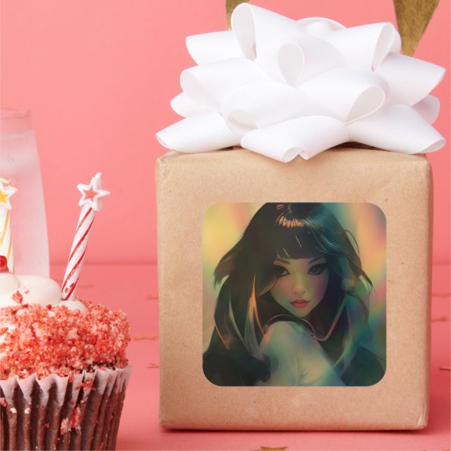 Artwork of Anime Girl Surrounded by Rainbow Light Square Sticker (Party)
