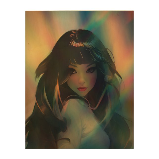 Artwork of Anime Girl Surrounded by Rainbow Light Wood Wall Art (Front)