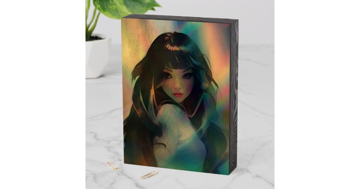 Artwork of Anime Girl Surrounded by Rainbow Light Wooden Box Sign | Zazzle