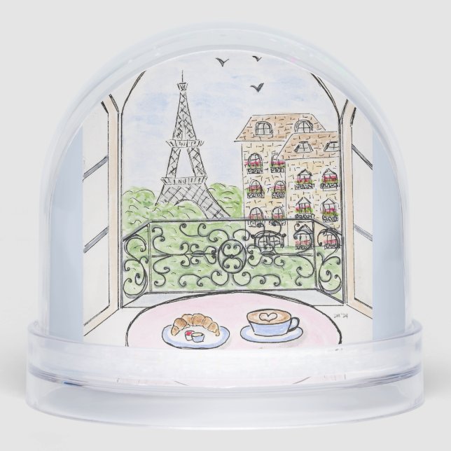 Artwork Whimsical Paris Eiffel Tower CAN ADD PHOTO Snow Globe (Front)