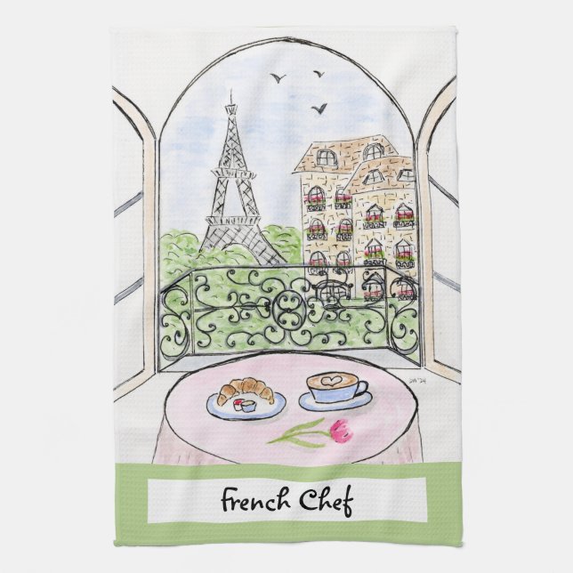 Artwork Whimsical Paris Eiffel Tower French Chef  Kitchen Towel (Vertical)
