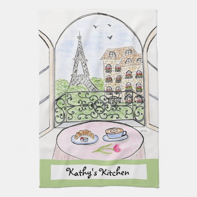 Artwork Whimsical Paris Eiffel Tower PERSONALIZE Kitchen Towel (Vertical)