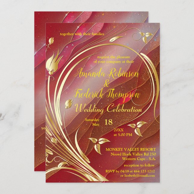 Arty abstract Gold flower Magenta 2023 color Invitation (Front/Back)