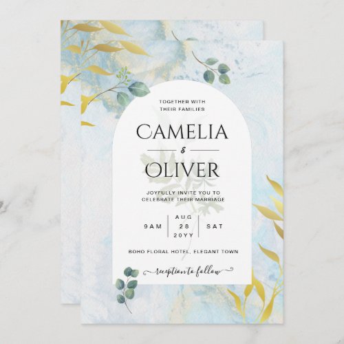 Arty Botanical Greenery Gold Wedding Invitation