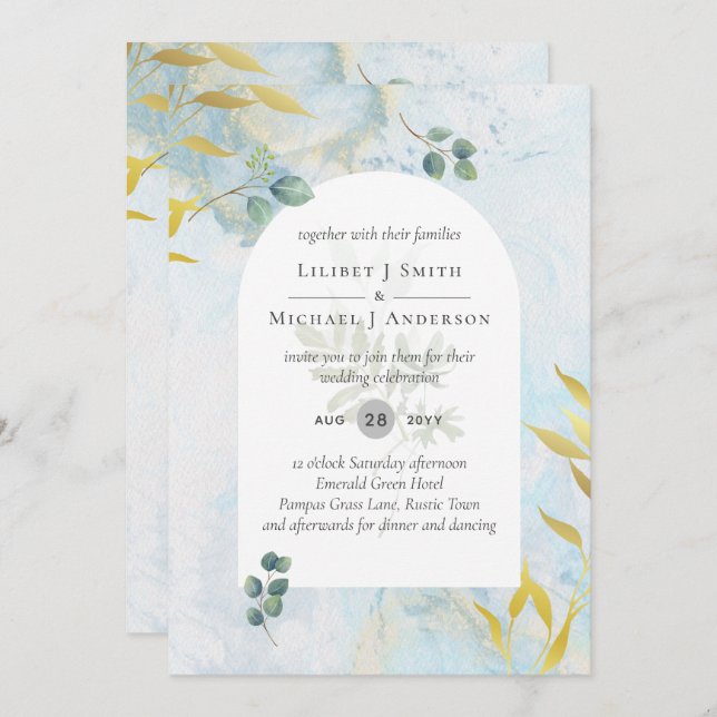Arty Botanical Greenery Gold Wedding Invitation (Front/Back)