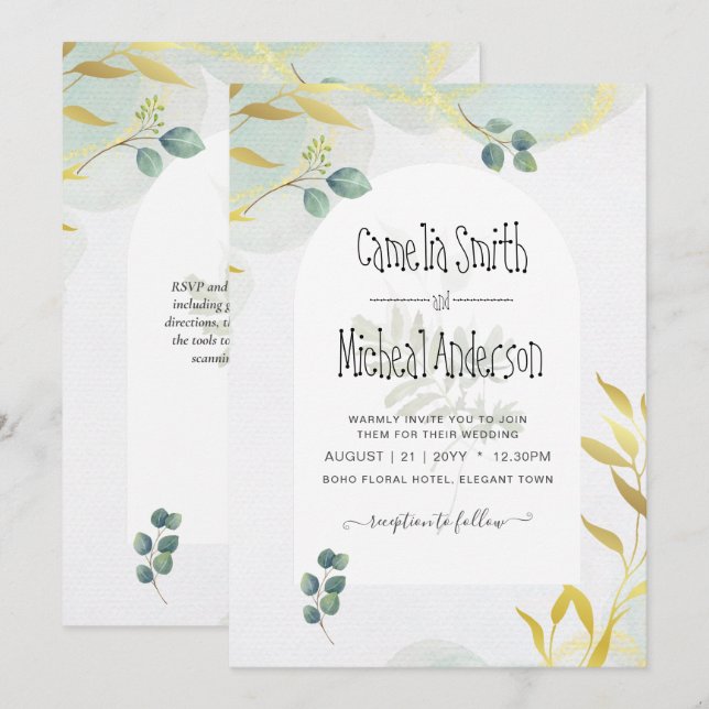 Arty Botanical Greenery Gold Wedding Invitation (Front/Back)