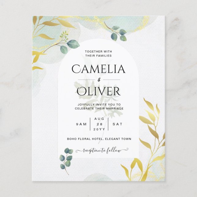 Arty Botanical Greenery Gold Wedding Invitation Flyer (Front)