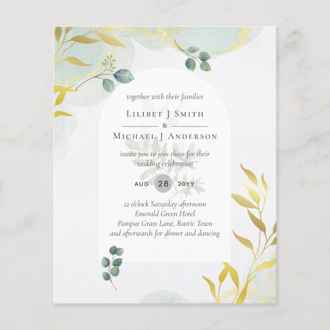 Arty Botanical Greenery Gold Wedding Invitation Flyer (Front)