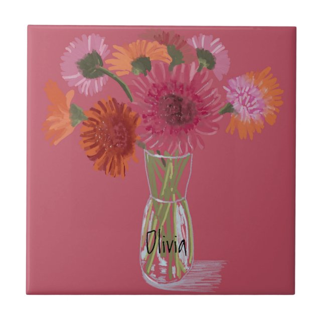 Arty Gerbera Colorful Flower  +Custom Name Ceramic Tile (Front)
