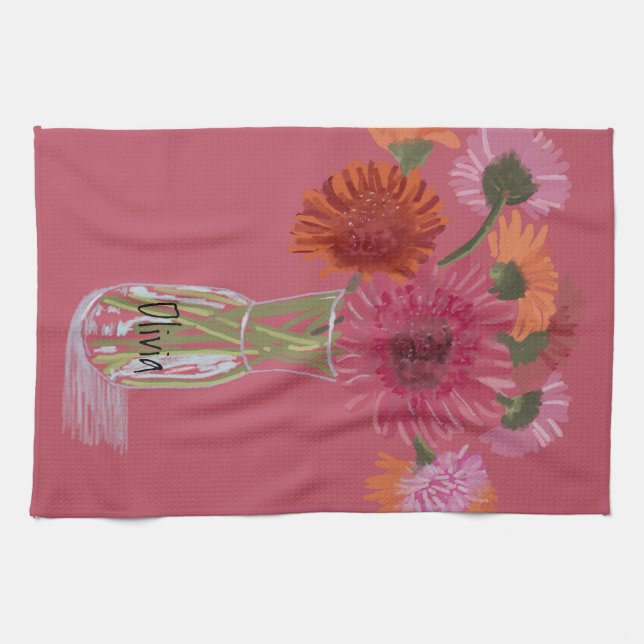 Arty Gerbera Colorful Flower  +Custom Name Kitchen Towel (Horizontal)