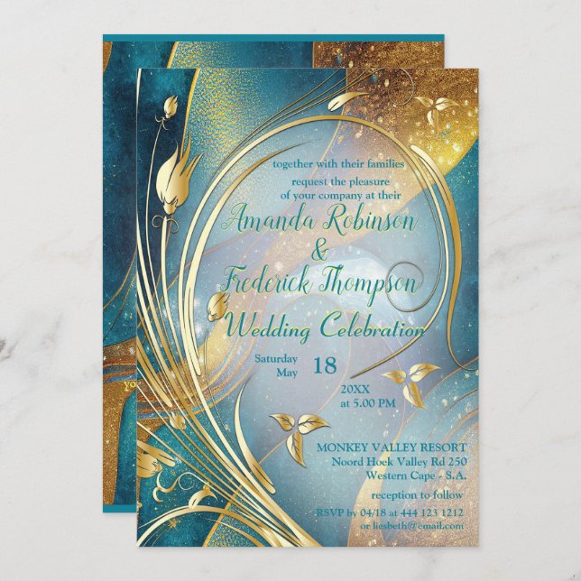 Arty Gold abstract flower Invitation (Front/Back)