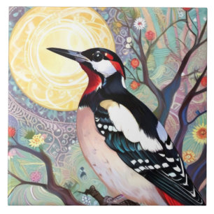 Arty Great Spotted Woodpecker Bird Painting Ceramic Tile